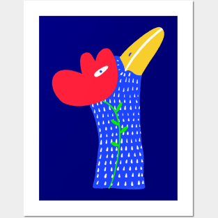 Blue funny bird with red flower, version 1 Posters and Art